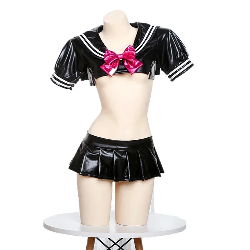 

GUUOAT Anime Girl Cosplay Student Uniforms Back Hollowed Out Black Patent Leather Chest Flower Seductive Lingerie Sexy Dress