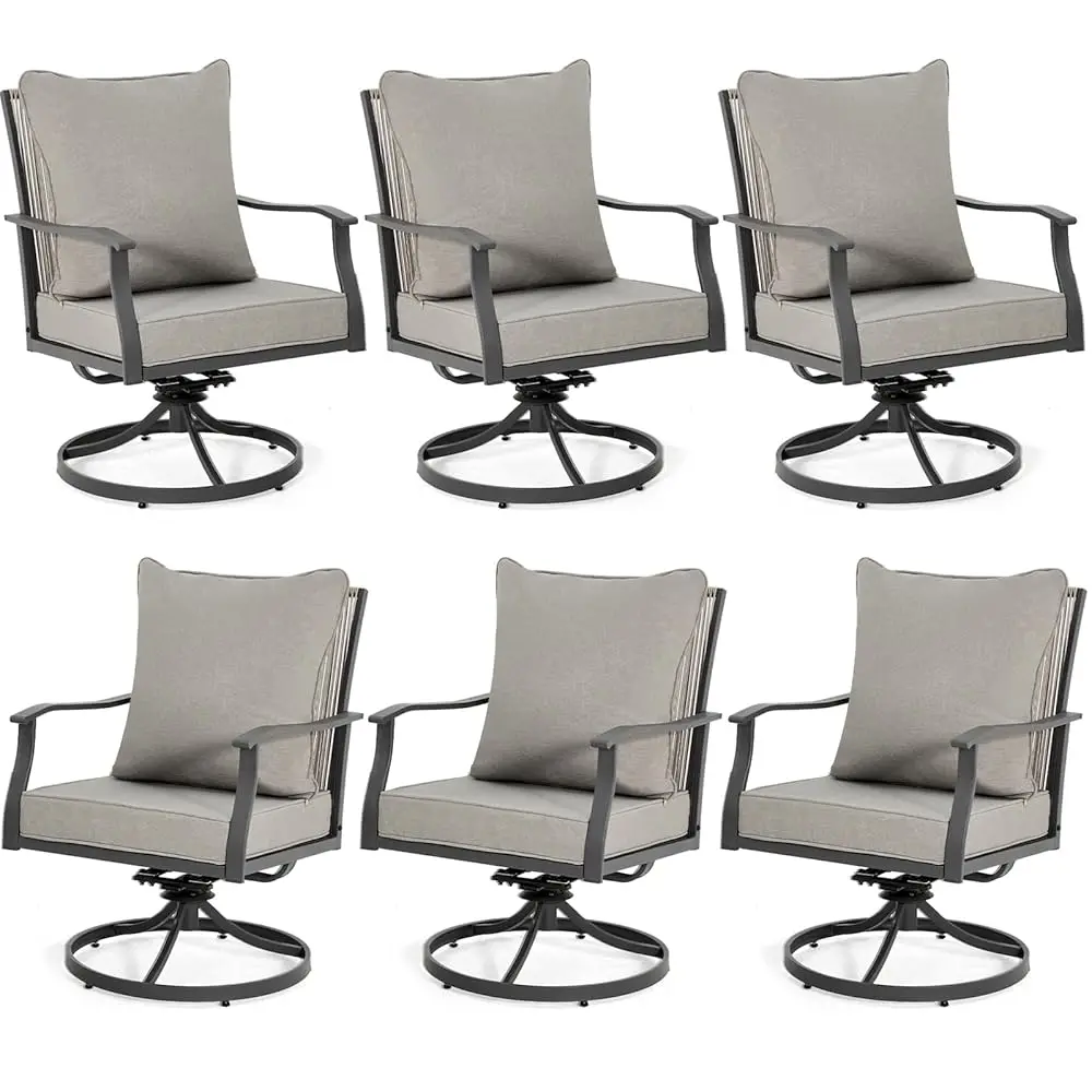 Patio Swivel Chair Set Of 6, Outdoor Dining Chairs With Thickened Cushions, Wicker Chairs With Gentle Rocker For Porch, Garden,