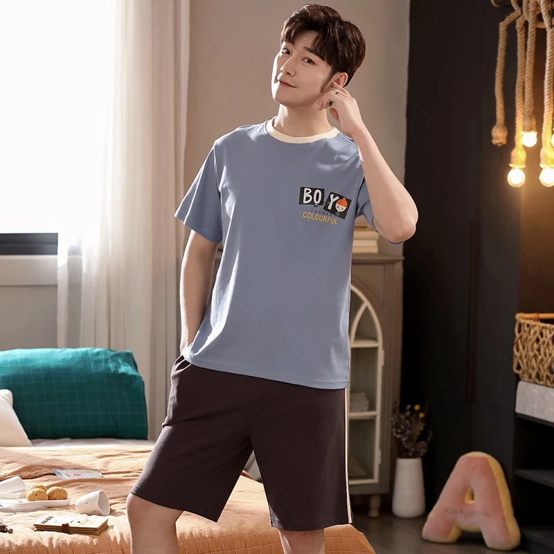 New Big Size Casual Pajamas Set for Men Summer Shorts Two Piece Comfortable Sleepwear Short Sleeved Loungewear Cotton Nightwear