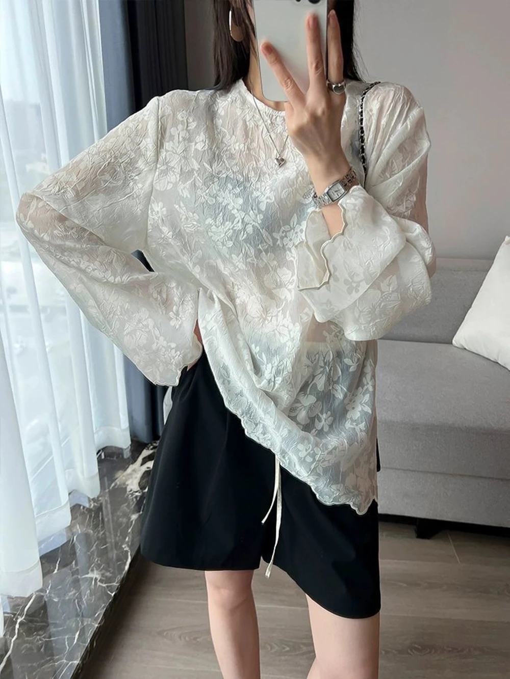 봄 여름 레이스 양산 커버 여성의 섹시 할로우 자수 느슨한 특대 패션 다목적 긴 소매 기본 셔츠상의