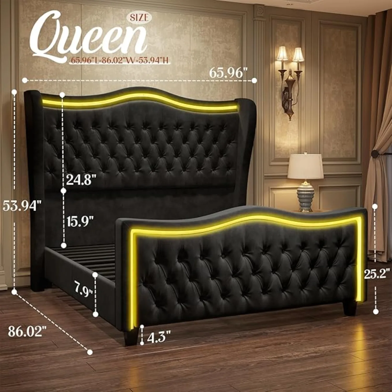 Queen Size Bed Frame w/LED Lights, 53'' Upholstered Platform Wingback Bed w/Handmade Deep Button Tufted Headboard Footboard