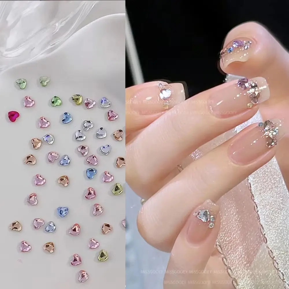50PCS Colorful Love Heart Diamond Nail Decoration Small Peach Heart Flat Bottom Heart-shaped Nail Accessories Super Sparkling