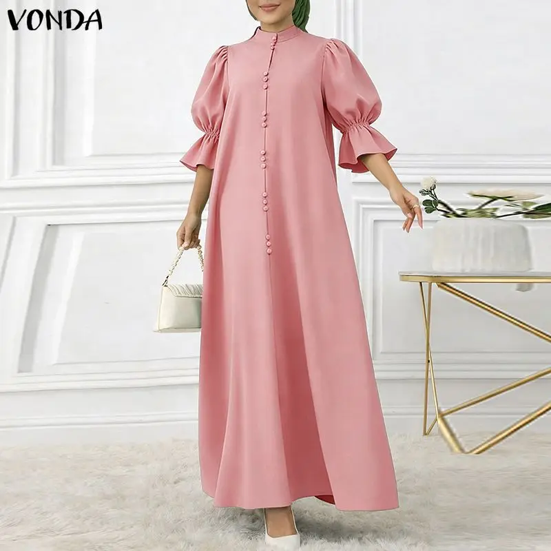 

VONDA Women Plus Size Dresses Solid Stand Collar Long Maxi Dress Fashion Summer Spring Party 3/4 Sleeve Vestidos Streetwear