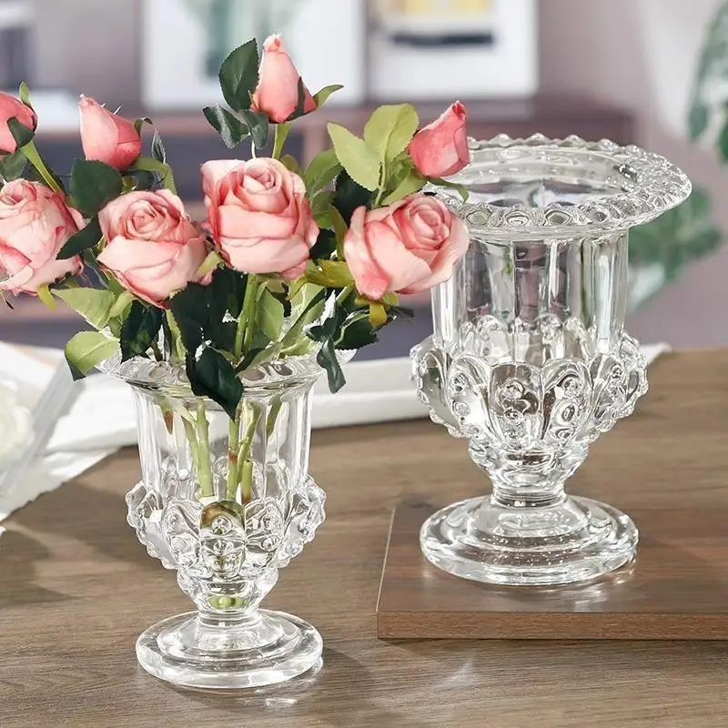 Transparent Light Luxury Vintage Roman Goblet Glass Vase, Retro Floral Display Desktop Decoration