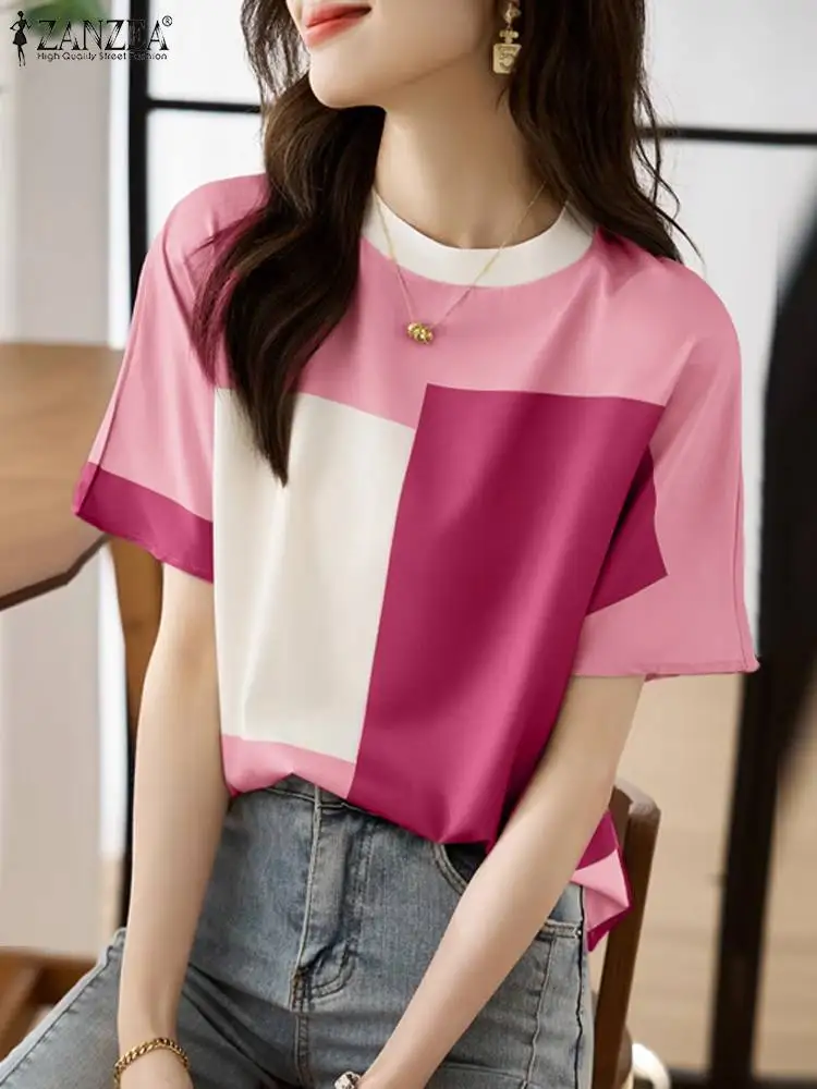 Fashion Patchwork Tops ZANZEA Summer Elegant Color Block Blouse Women O Neck Short Sleeve OL Shirt Tunic Casual Blusas Chemise