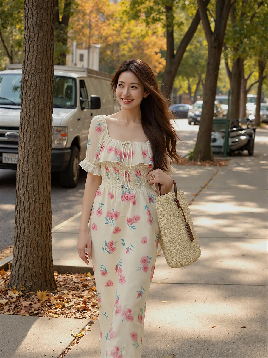 여성용 파티 웨딩 플로럴 프린트 발목 길이 자수 비즈 장식 스팽글 드레스