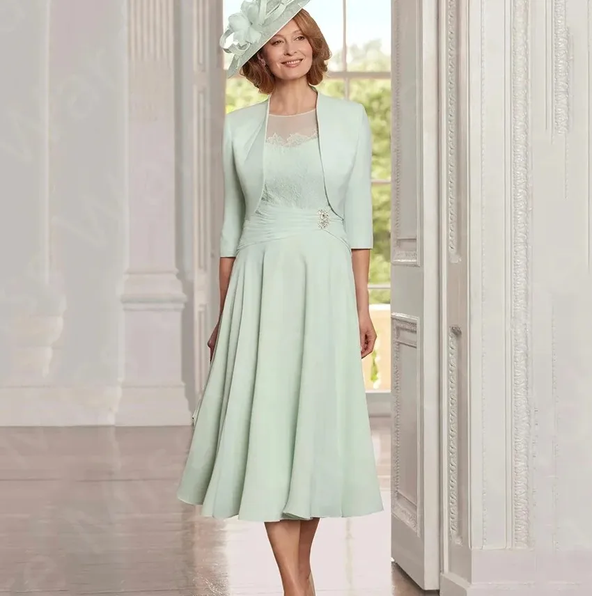 

2026 Mint Green Mother Dresses Tea Length Mother of the Bride Gowns with Jacket Wedding Party Gowns Lace Chiffon Two Pieces