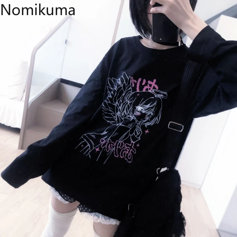 2023 Ropa Mujer Japanese Woman Tshirts Long Sleeve Anine Print O-neck Teees Casual Chic Y2k Tops Sweet White Oversized T Shirt