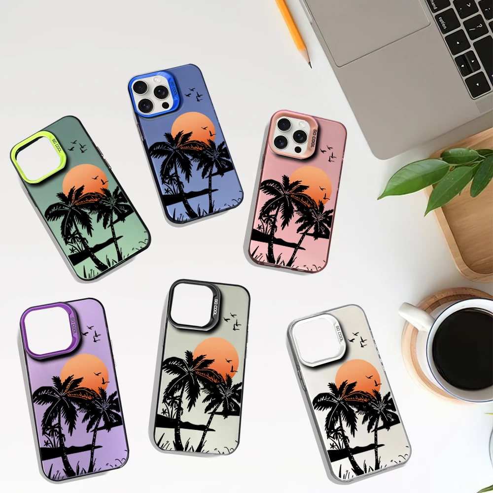 Fashion Sunlight Coconut tree Laser Phone Case for iPhone 12 11 13 14 15 16 Max Pro Plus IMD Shockproof Silicone Coque