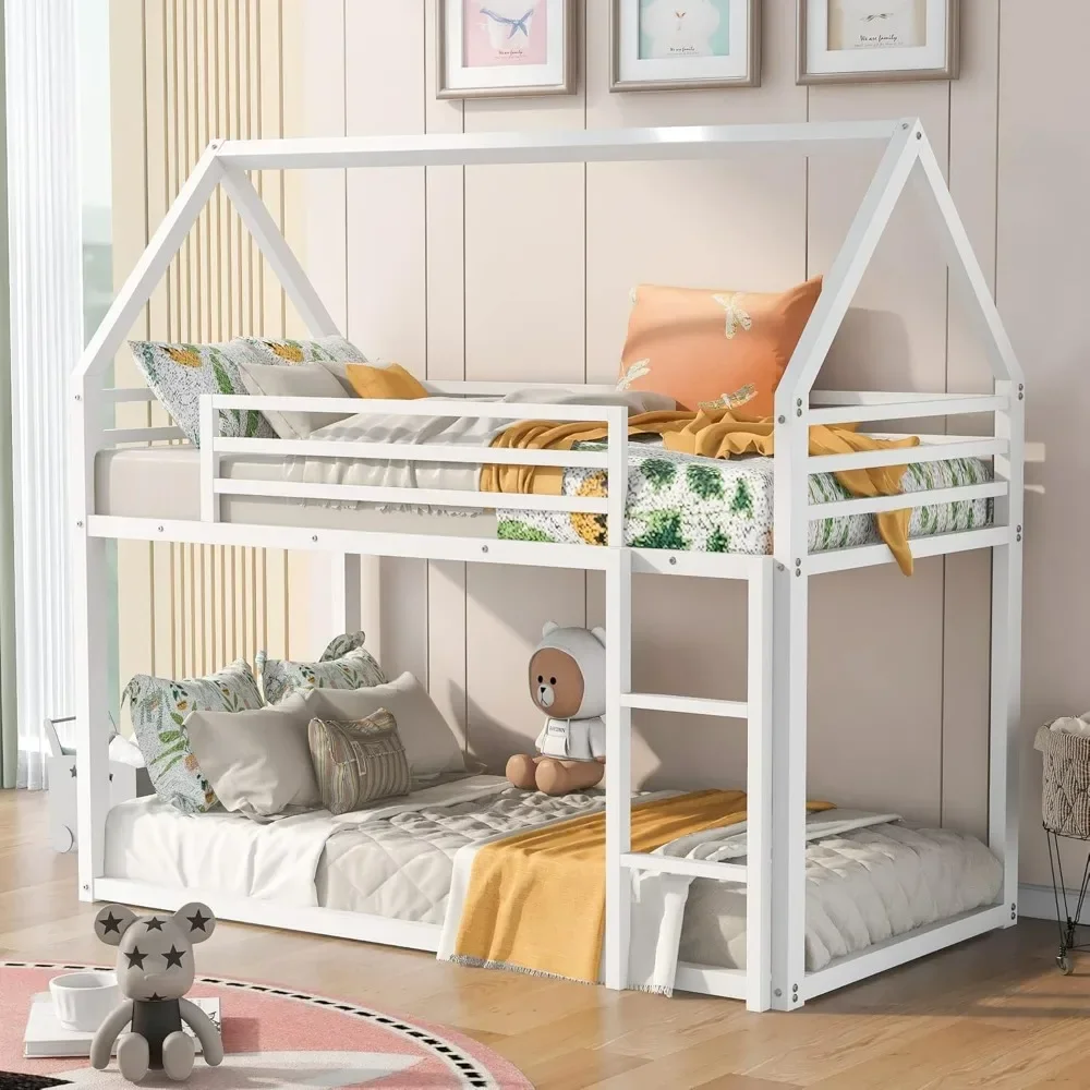 Bunk Bed Twin Over Twin Junior Metal Floor Bunk Bed with Ladder, House Shaped Bunk Bed Frame for Kids Boys Girls, No Box Spring