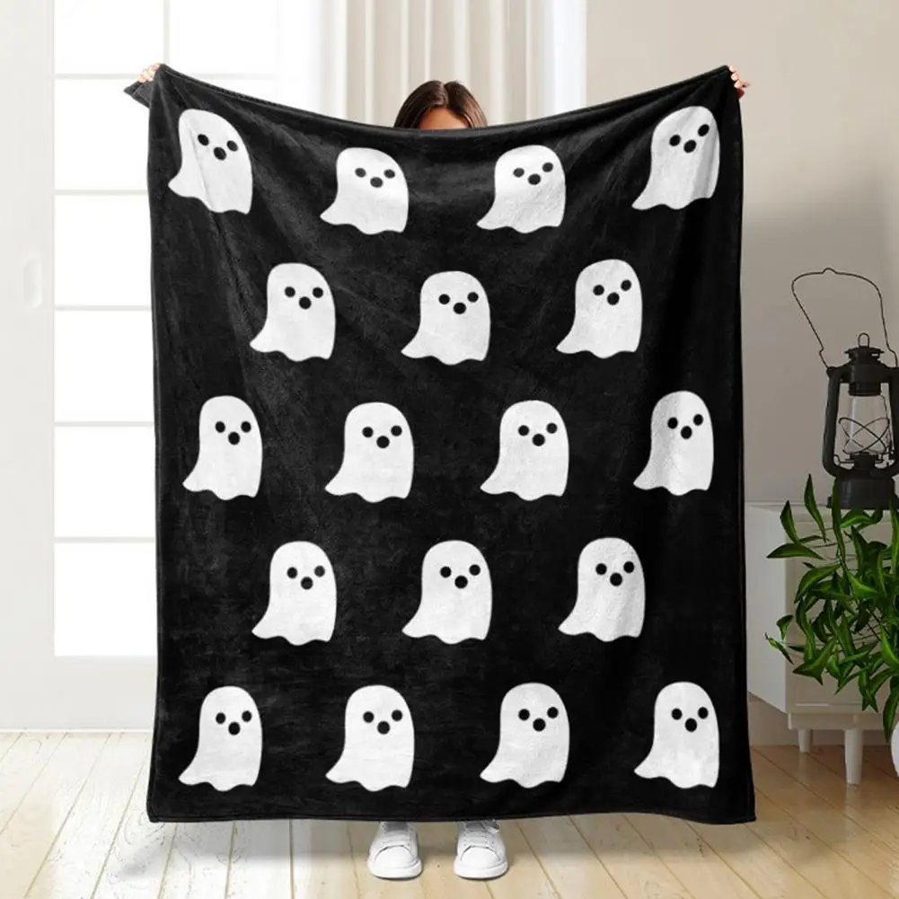 Winter Ghost Blanket Halloween Style Cartoon Ghost Knitted Jacquard Flannel Blanket for Ultimate Relaxation on Dorm Sofa or Bed