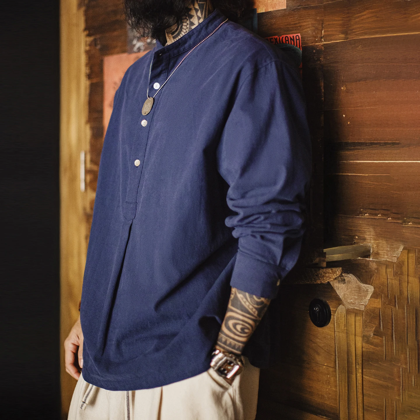 

Мужская рубашка Maden с воротником-стойкой, темно-синяя, хлопковая, с полузастежкой, с длинным рукавом, повседневная, для офиса, весна-осень