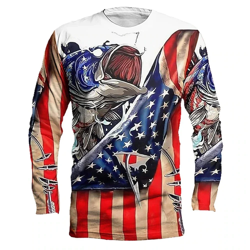 تي شيرت رجالي لصيد الأسماك في الهواء الطلق، قميص بأكمام طويلة، نمط سمكة تحت الماء ثلاثي الأبعاد، كاجوال وعصري، رقبة دائرية