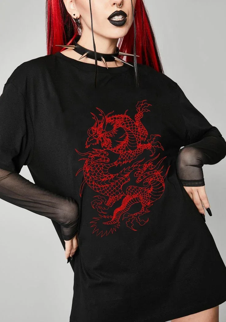 Women's Harajuku Short Sleeve T-shirt, Y2K Street Tops, Dragon Gothic Myth Print, Loose Oversized Clothes, Fashion