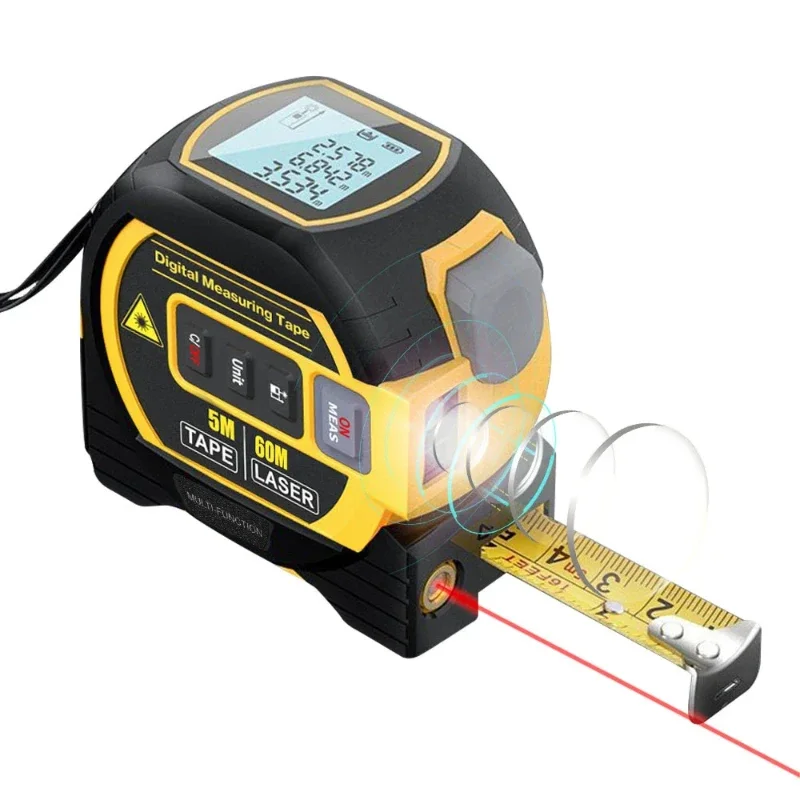 

3in1 Laser Rangefinder 5m Tape Measure Ruler LCD Display with Backlight Distance Meter Building Measurement Device Area Volumes