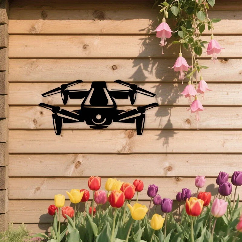 2D Flat Drone Silhouette Metal Wall Art, Black Aviation Decor for Man Cave Office, Gift for Tech & Gadget Lovers