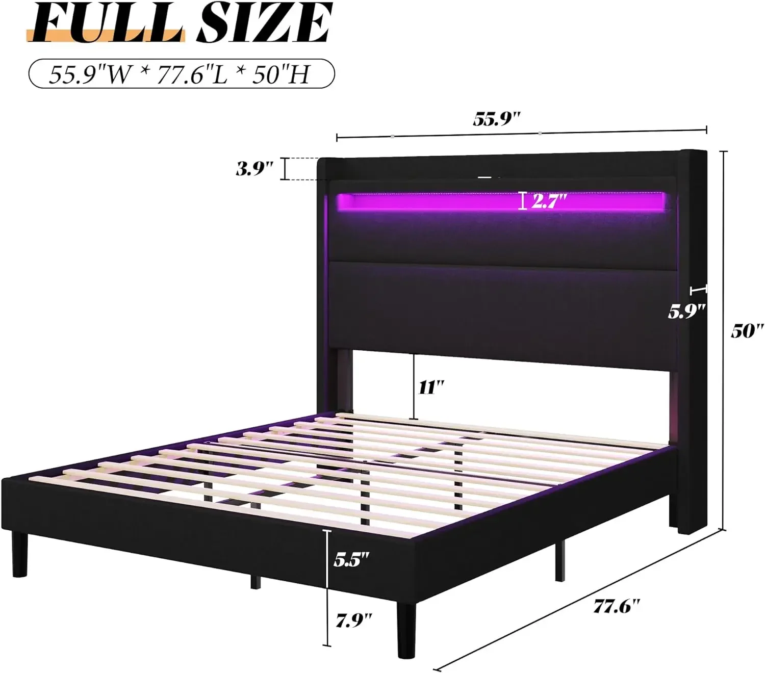 Full Bed Frame with LED Lights & Wingback Headboard, Upholstered Platform Bed with USB & USB-C Ports, No Box Spring Needed