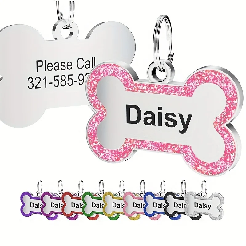 1 Stück Bella Personalisierte Hundemarke - Maßgefertigter Edelstahl-ID-Namensanhänger mit Glitzer-Knochen-Design, Ideales Haustiergeschenk für Hunde – Detail 3