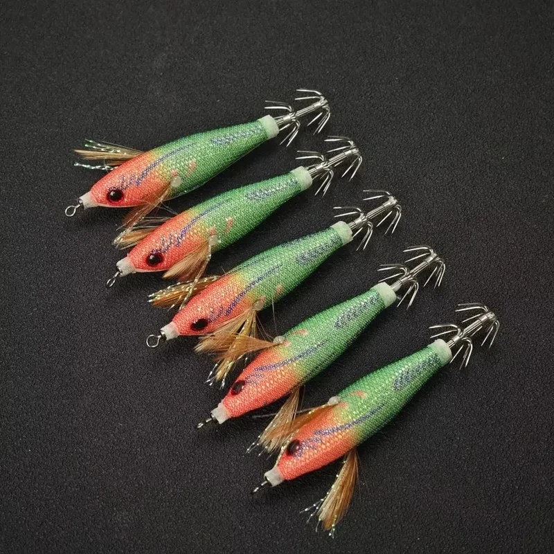 5PCS Glow Squid Jigs – 5.8g/8cm Multi-Color Wood Shrimp Lures for Squid & Octopus Fishing gallery 2