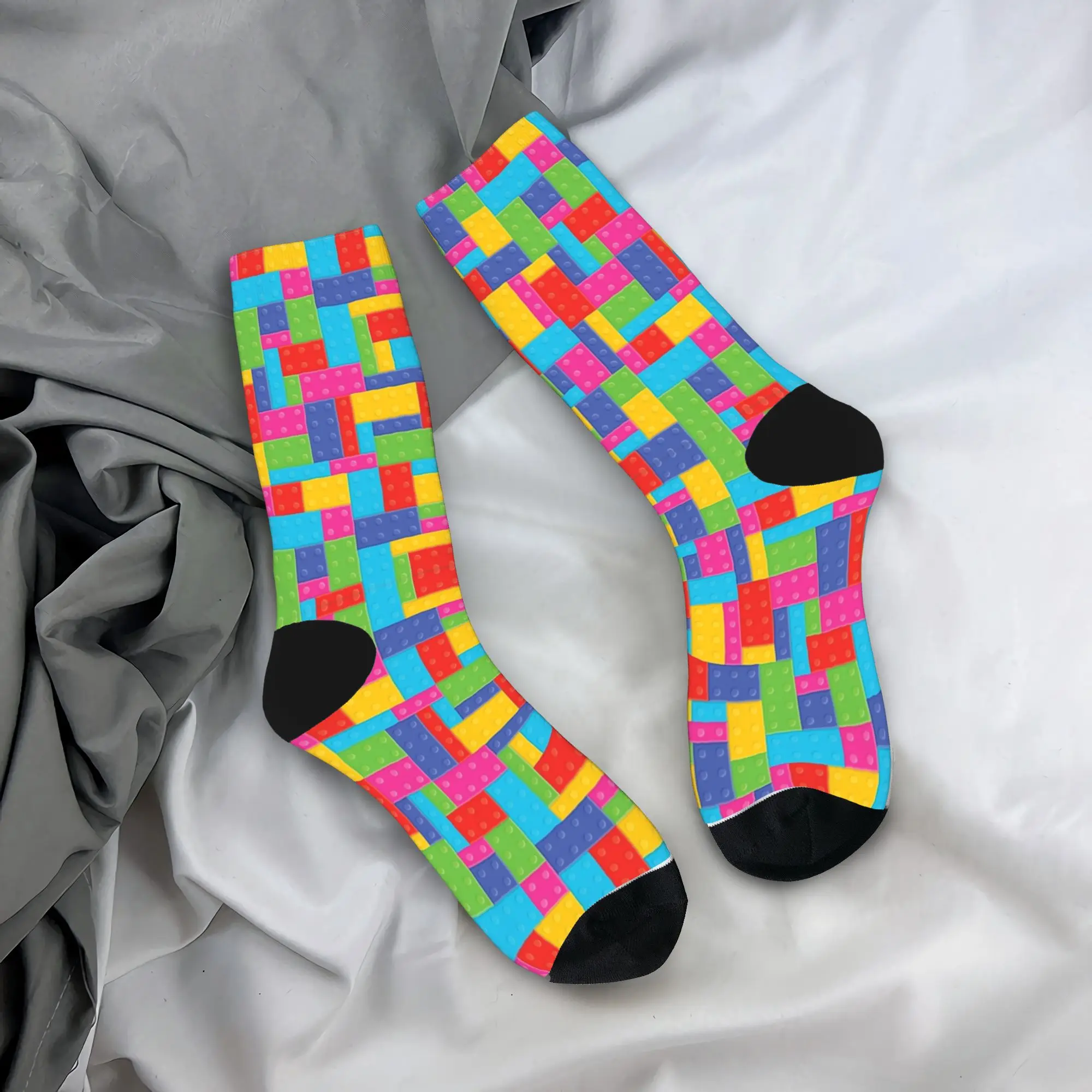 Vibrant Multicolor Building Blocks Pattern Stockings Vintage Socks Women Men Soft Socks Autumn Skateboard Graphic Anti Socks