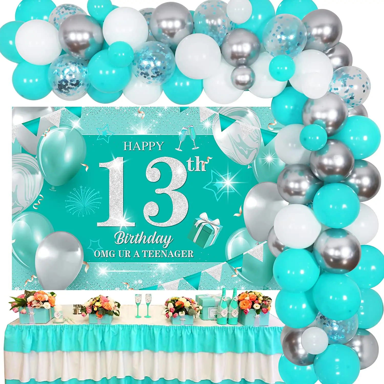 

Teal Blue 13th Birthday Decorations Sweet Turquoise Sliver Backdrop & Balloon Garland Kit for 13 Years Old Girl’s Birthday Party