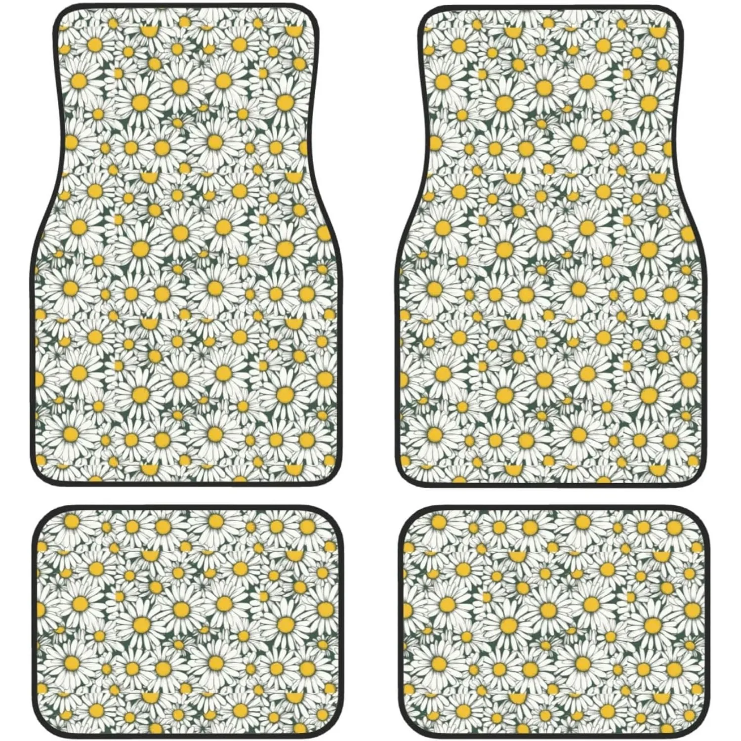 Set Of 4 White Daisy Pattern Car Floor Mats, Foot Pads For Vehicle Interior Additions
