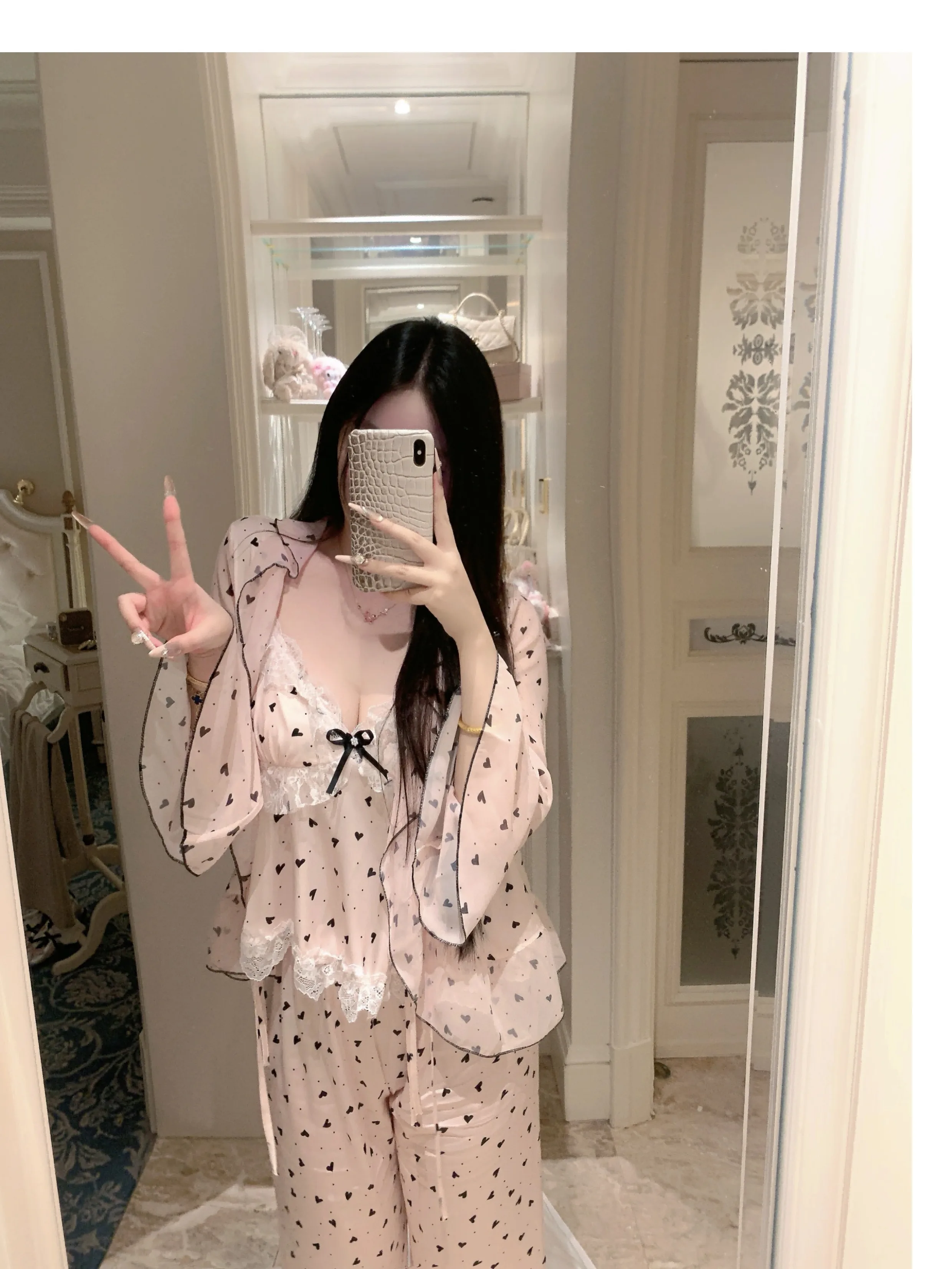 Korean  Sweet Girl Sexy Ice Silk Pajamas Love Printing Lace 2025 New Casual and Comfortable Loungewear Three-piece Set
