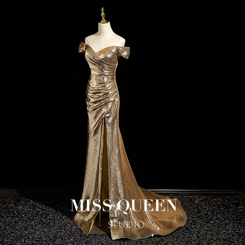 Sexy Golden Sequin Celebrity Dresses Sleeveless Beading Side Slit Banquet Host French Ruched Evening Cocktail Party Gowns