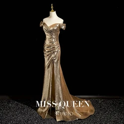 Sexy Golden Sequin Celebrity Dresses Sleeveless Beading Side Slit Banquet Host French Ruched Evening Cocktail Party Gowns