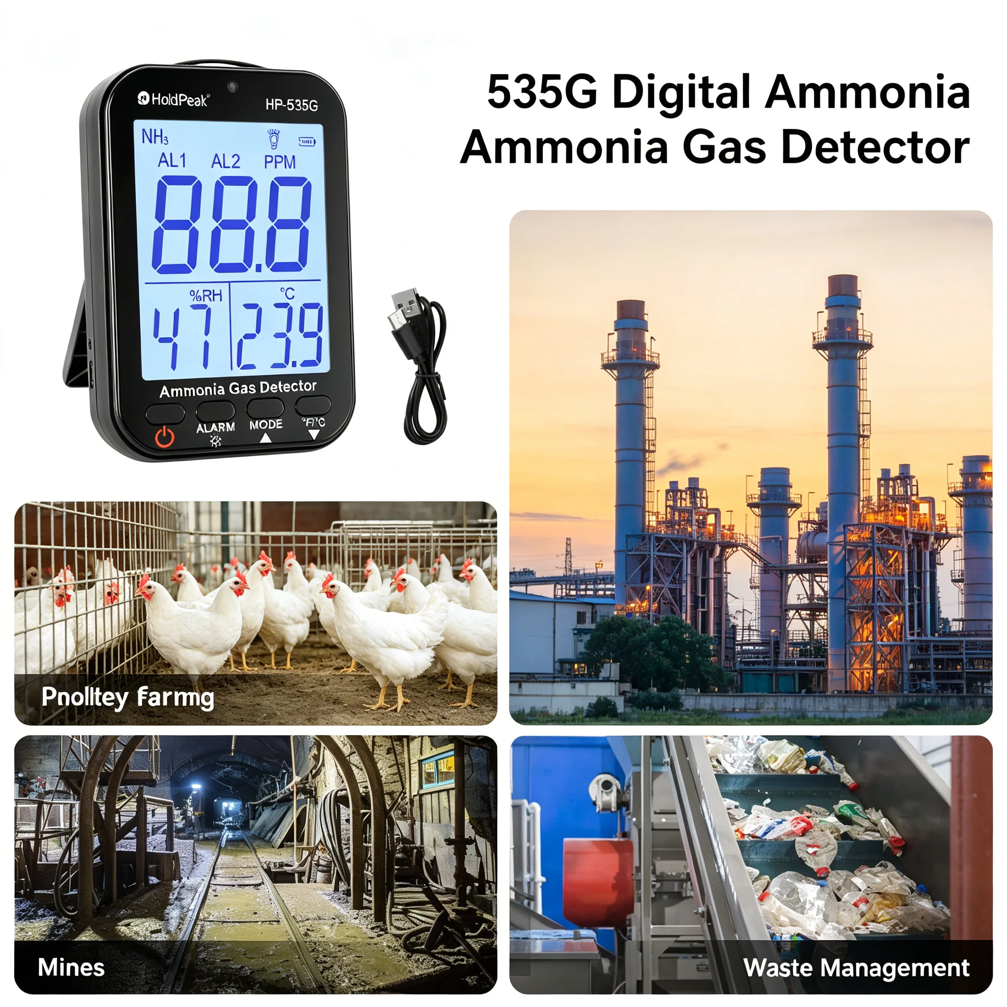 HP535G NH3 Gas Detector 0-100PPM with Sound Light Alarm, Temp Humidity Monitor for Farm Cold Storage & Industrial Lab Safety