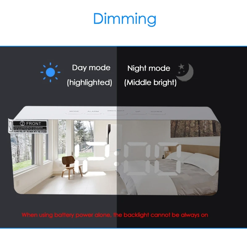 ミラー付きデジタルアラーム時計,snooze,調整可能な明るさ,温度表示