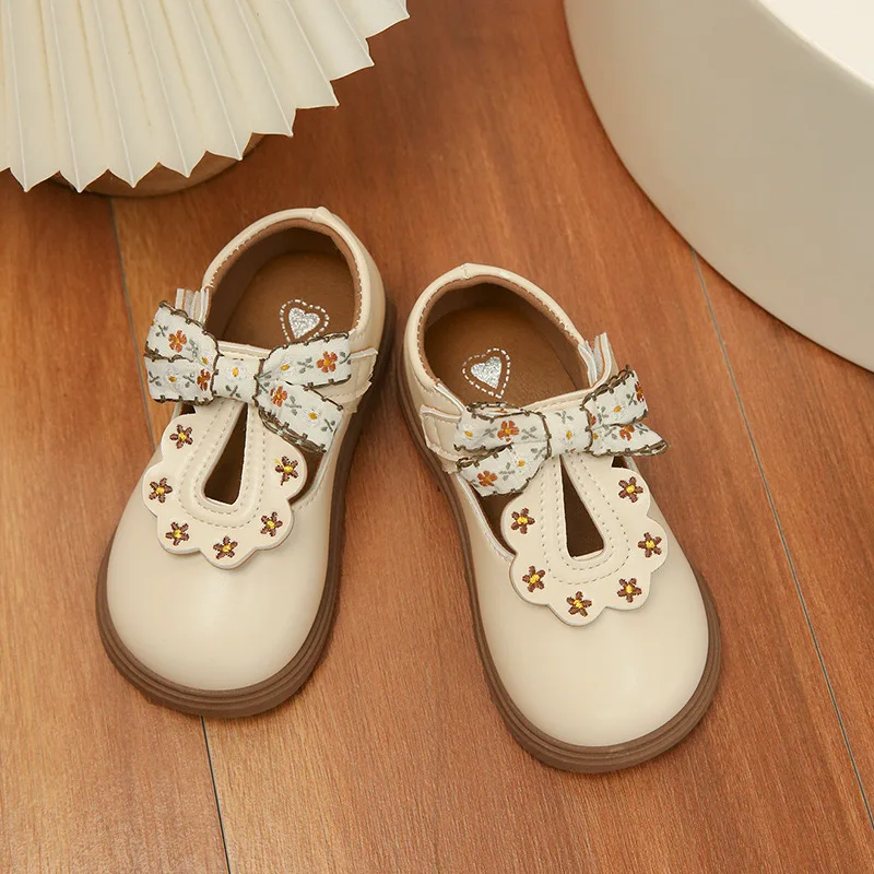 

Kids Shoes Leather ShoesChildren Fashion Girls Embroidered Floral Bow Princess Shoes Pastoral Solid Color Soft Soled Shoes