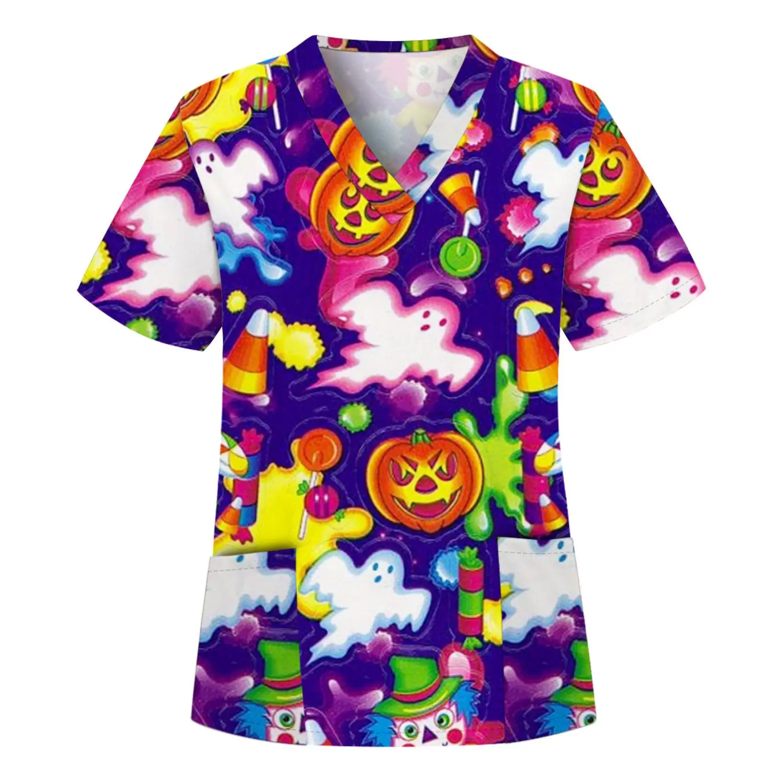 Nurse Uniform Woman Halloween Dead Body Pumpkin Light Pattern Nurse Top V-Neck Short Sleeve with Pockets Clinical Uniforms Woman