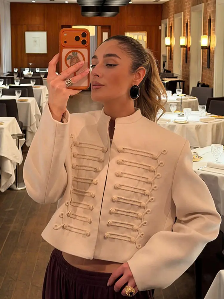 

Элегантная белая женская куртка-накидка в стиле «Наполеон» с воротником-стойкой, длинными рукавами, однобортная, короткая, весенняя, для повседневной носки, 2026