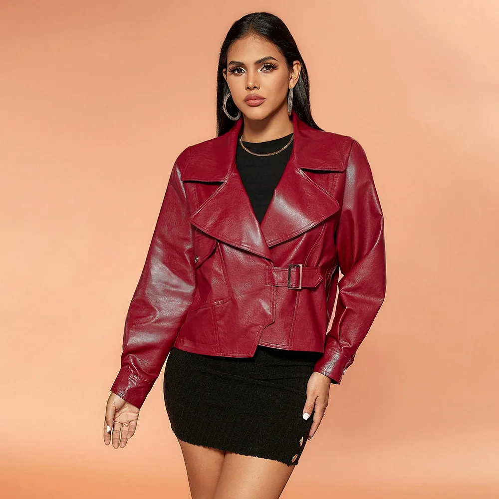 Neue modische Revers schwarz kurze pu Lederjacke Damen mantel lose lang ärmel ige Damen Lederjacke Mantel