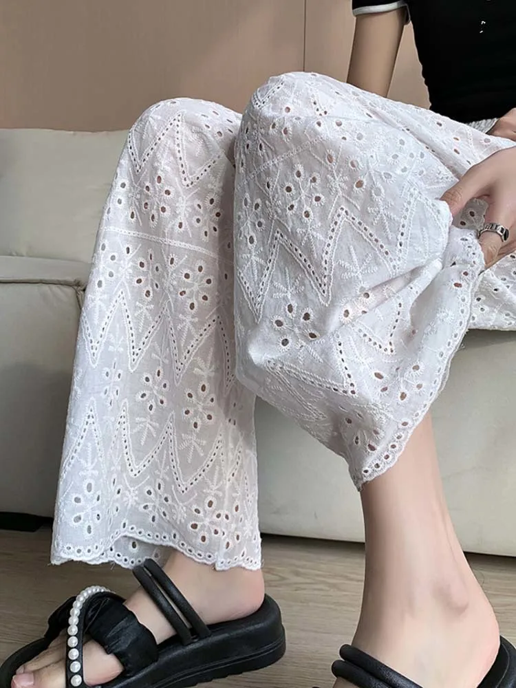 Summer New Solid Color Hollow Out High Waist Women\'s Pants Long Fashion White Black Vintage Slim Straight Wide Leg Troussers