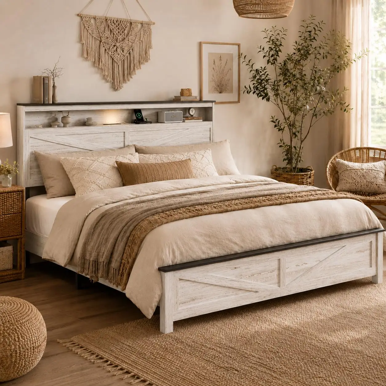 King Bed Frame LED Light USB Charging Storage Headboard Metal Platform No Box Spring, Customized