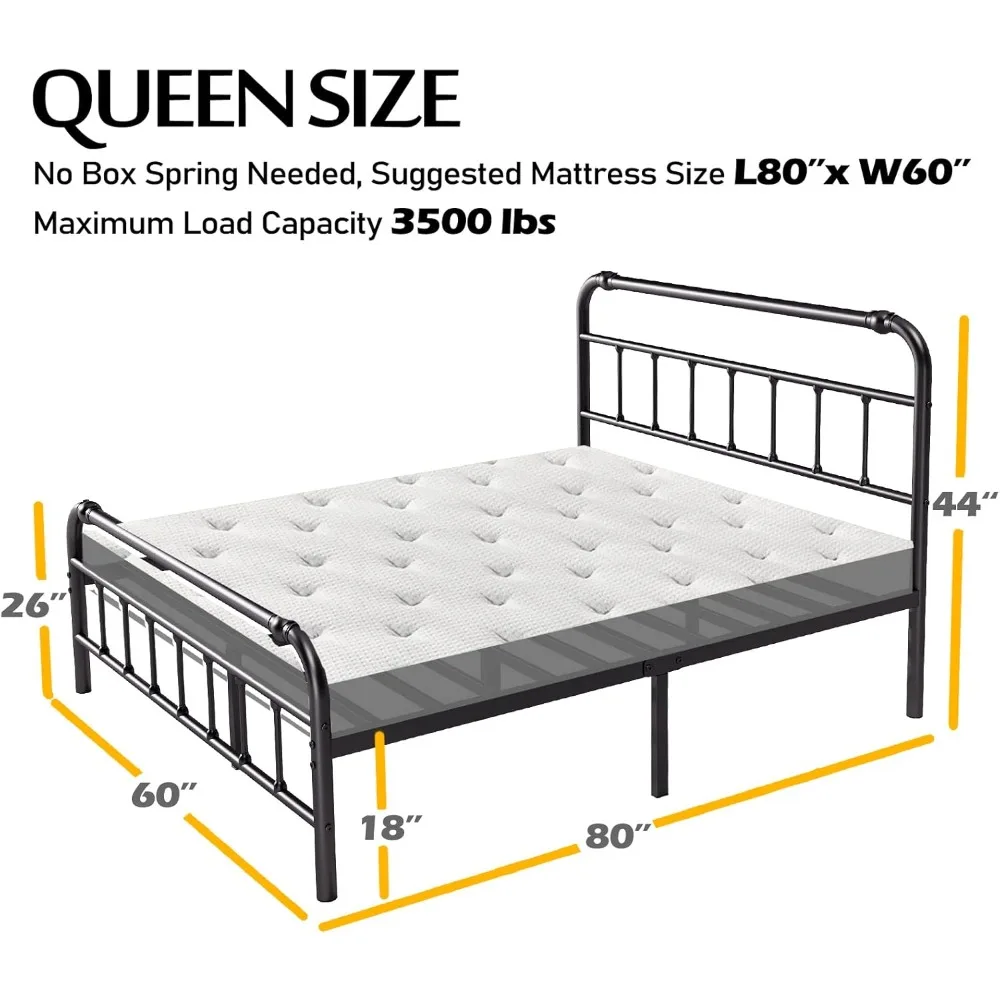 إطار سرير معدني بحجم كوين مع لوح أمامي ولوح للقدمين ودعم عالي 18 بوصة، سعة 3500 رطل للمرتبة