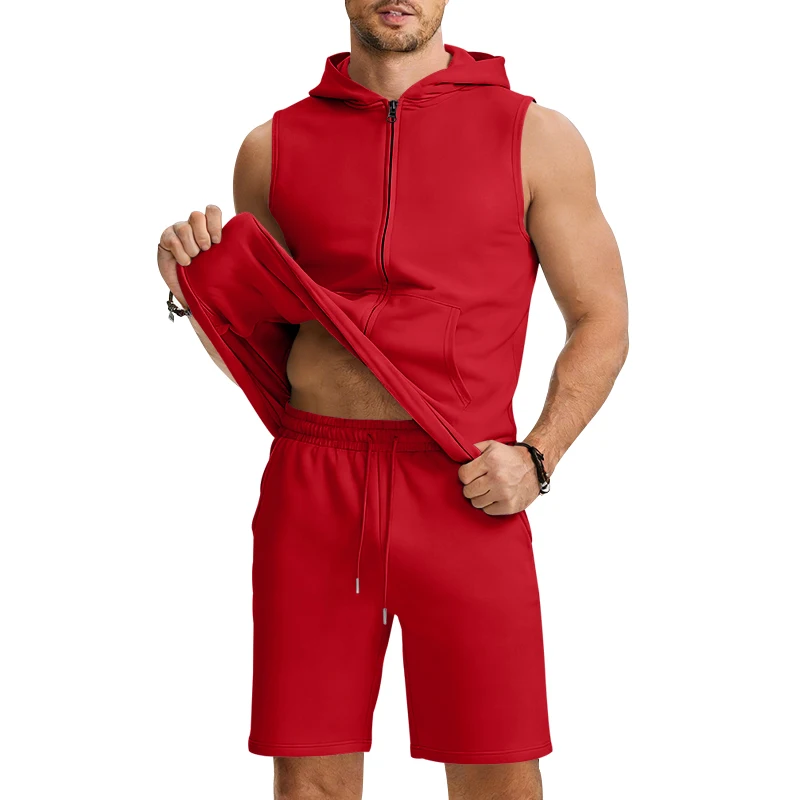 Men's Suit Sleeveless Hoodie Two-Piece Set | Fitness Training Zipper Hoodie Vest & Loose Drawstring Shorts Set (Multiple Colors)