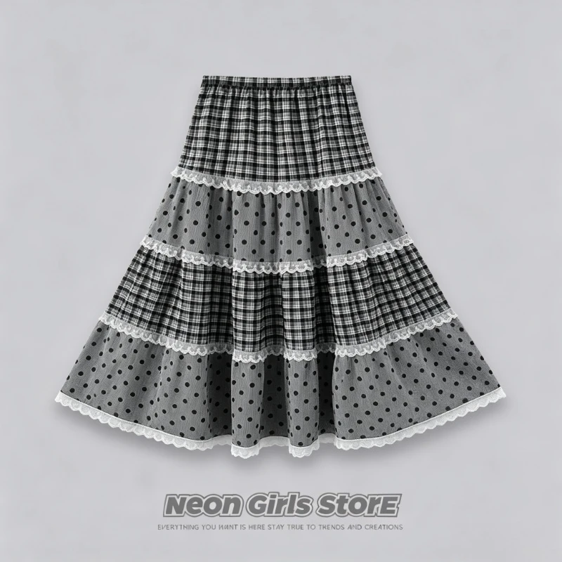 Women French Vintage Lace Splicing Flared Skirt Sweet Lolita A‑Line Skirt 2026 Harajuku Y2K Hot Girls Street Casual Half Skirt