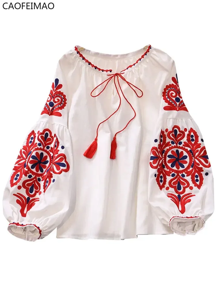 Caofeimao Sweet Style Women Pullover Shirts Embroidery Patchwork Bandage V-neck Lantern Sleeve Spring Summer 2025 New Blouse