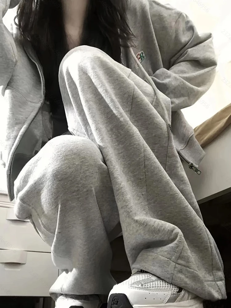 ชุดเสื้อสเวตเชิ้ตแขนยาวมีซิปสำหรับผู้หญิง ฤดูใบไม้ผลิและฤดูใบไม้ร่วง รุ่นใหม่ ทรงสลิม สไตล์เกาหลี หลวม ใส่ได้หลากหลาย ชุดสองชิ้น