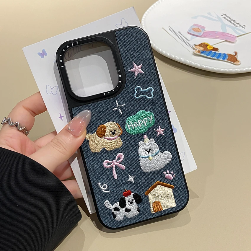 아이폰 17 16 15 14 13 Pro 12 11 Max Plus 16Pro 수제 패브릭 자수 강아지 폰 케이스 15Promax 커버 쉘