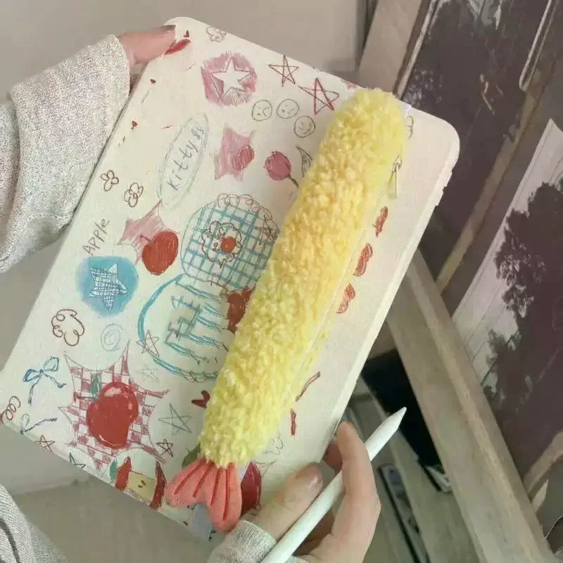 1Pcs Super Cute Fried Shrimp Tail Ribbon Pen Case, Single-layer Portable Stationery Organizer With INS Style Fleece, Student Sch