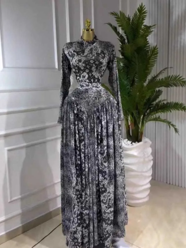 

Woman Dress Maxi Long Elegant Evening Round Neck Black Pleated Dress Spring Long Sleeve High Waist Dress Wholesale Dropshipping