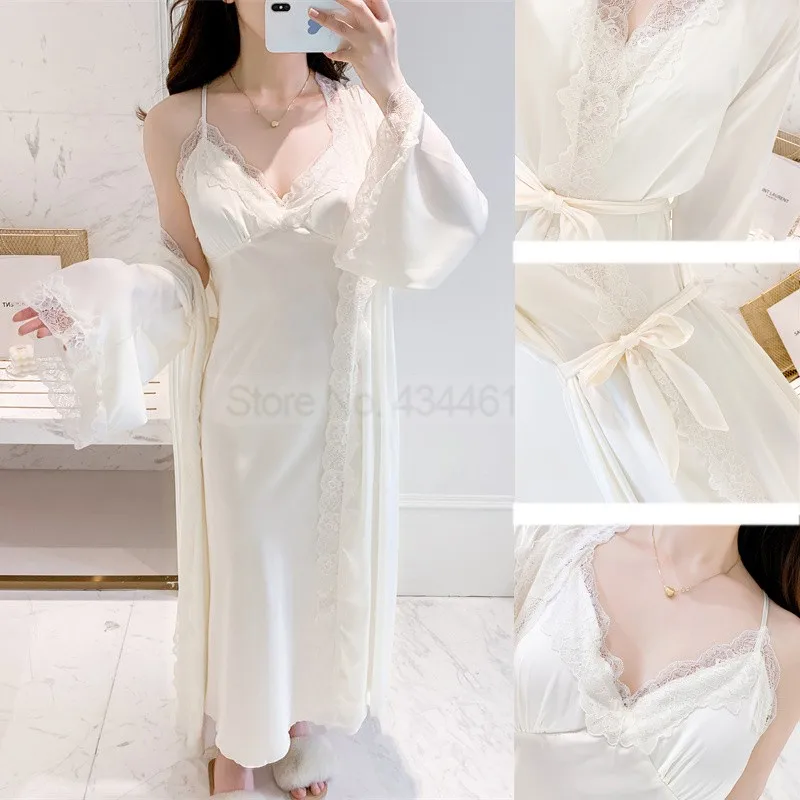 Lady Satin Robe Set Summer Two Pieces Bathrobe&Strap Nightgown Suit Ulta Long Lace Trim Sleepwear Sexy Nightwear V-Neck Lingerie