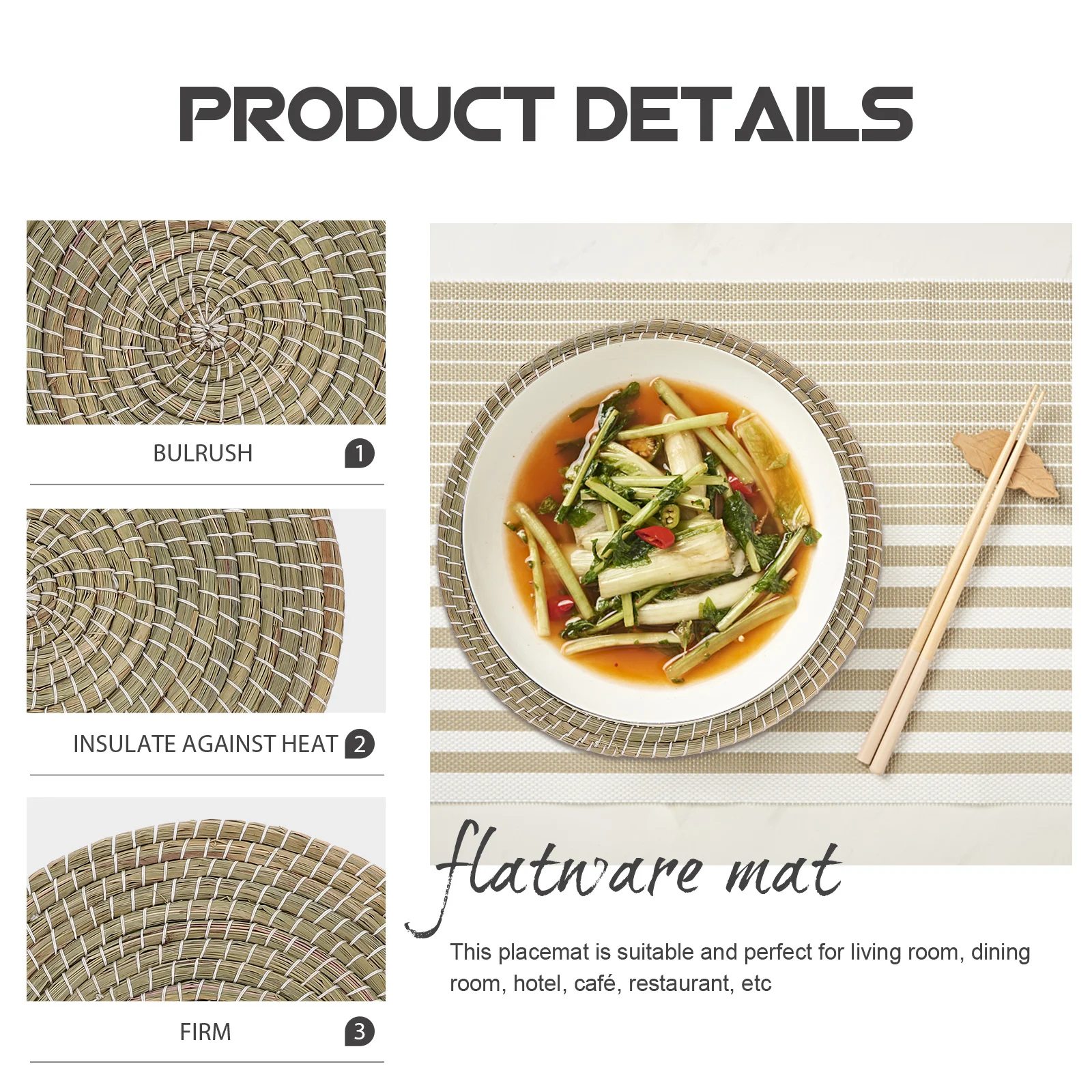 

3Pcs Flatware Mat Set Natural Bulrush Woven Placemat Handwoven Heat Resistant Cushion for Dining Room Home