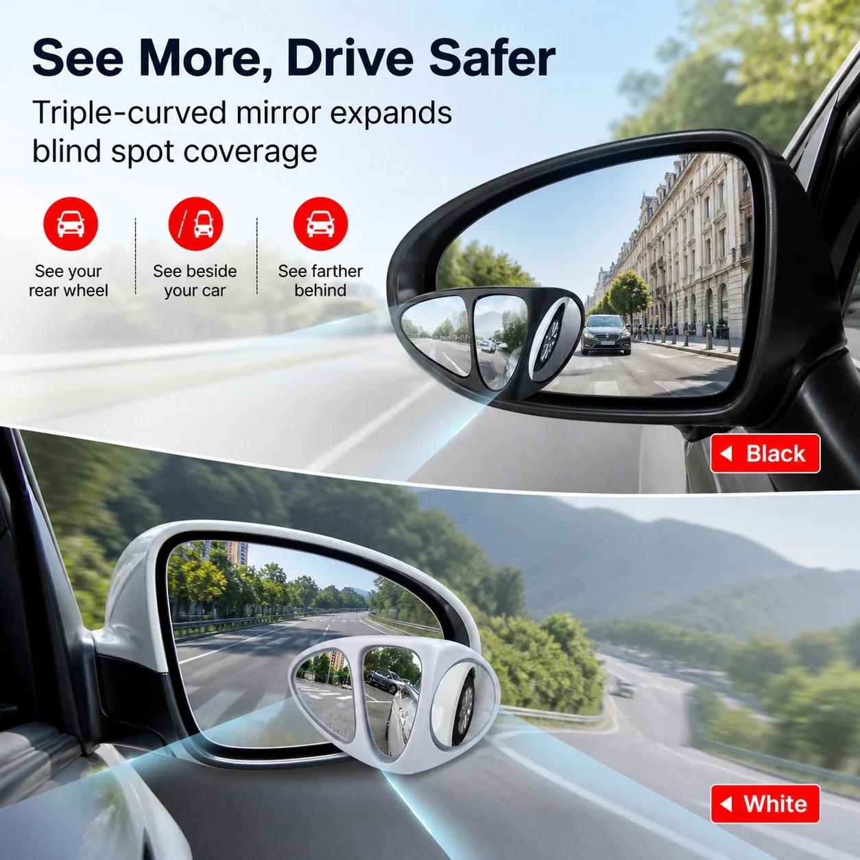 3‑in‑1 Car Blind Spot Mirror Wide‑Angle Convex Rear‑View Adjustable Paste‑On Auxiliary Mirror for Reversing Safety Driving