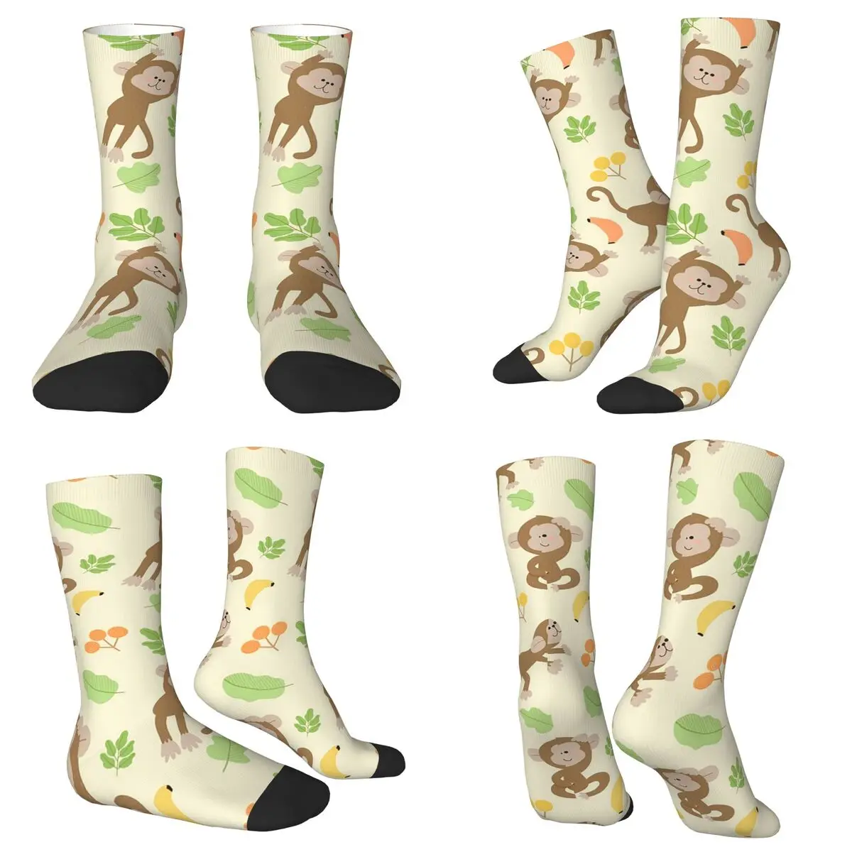 All Seasons Crew Stockings Cartoon Monkey With Leaves Pattern Socks Crazy Hip Hop Long Socks for Men Women Valentine's Day Gifts
