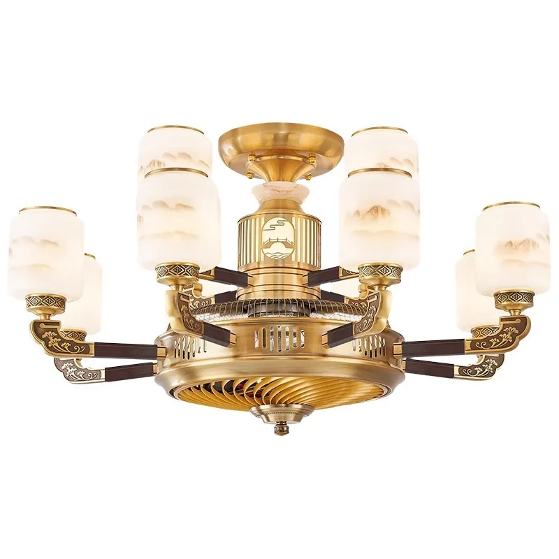 

All-copper new Chinese fan light, living room ceiling fan light frequency conversion silent negative ion villa home dining room